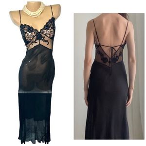 Vintage 90s Y2K 100% Silk Slip Dress Black Lace Silk Dress Black Maxi Dress